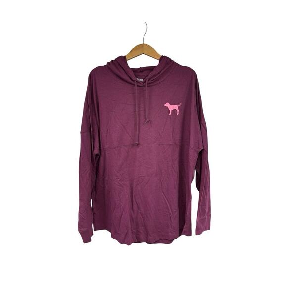 Victoria’s Secret PINK VARSITY PULLOVER HOODIE TEE Glitter Burgundy Size M - Picture 2 of 8